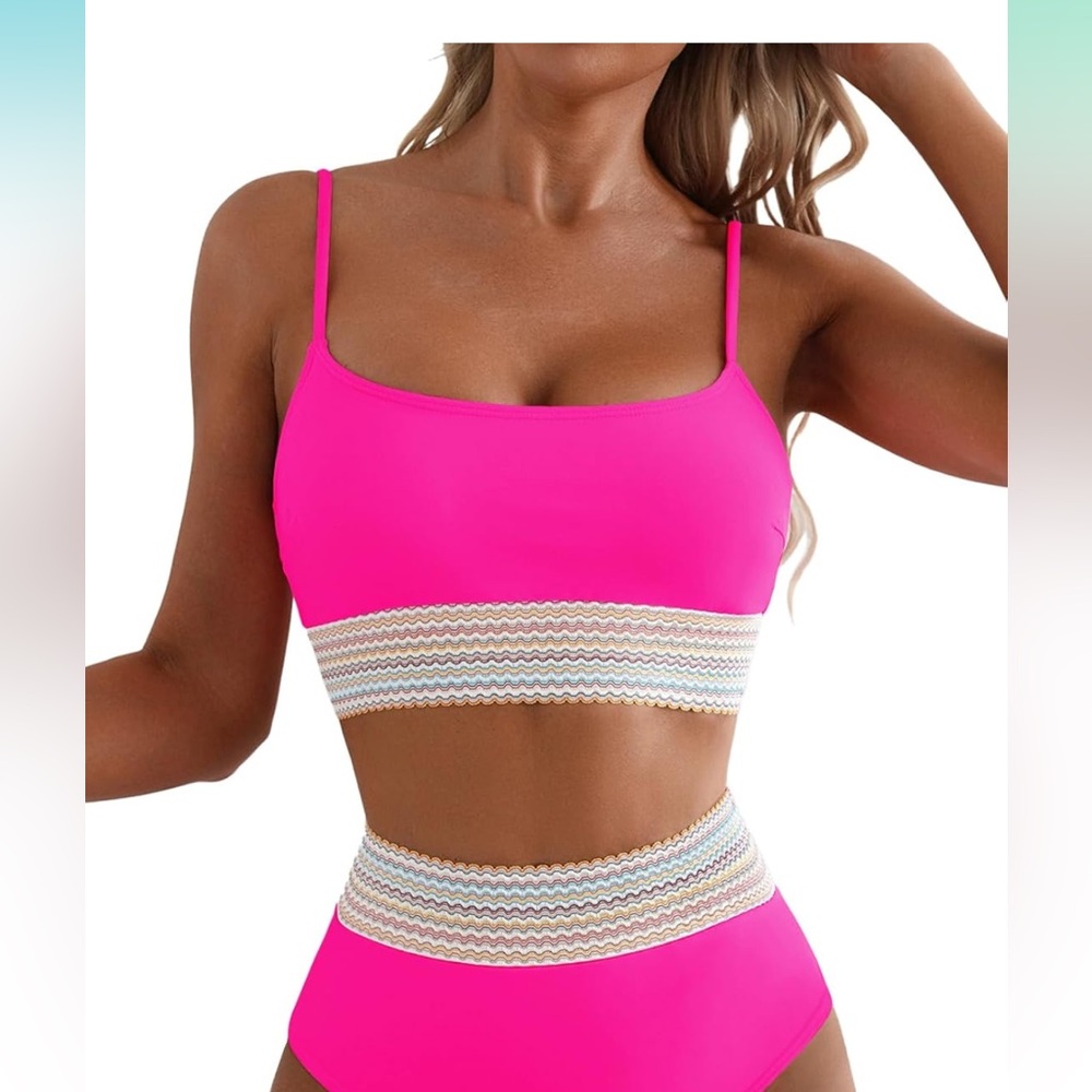 Amazon Pink Sporty Bikini Set with Striped Accents